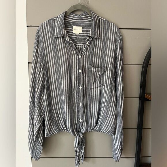 American Eagle button up top striped grey blue and white size Small - Picture 1 of 4
